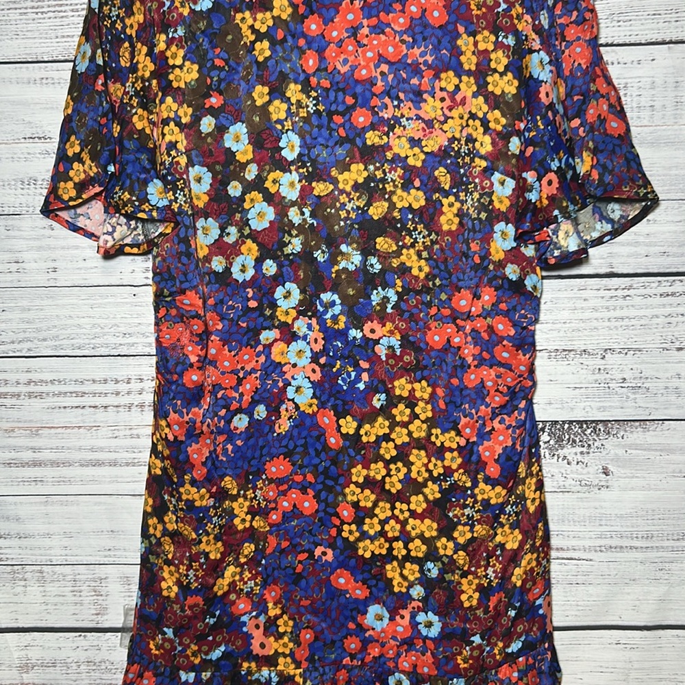 Anthropologie Ruffled Satin Mini Dress Floral Open Low Back Bow 12P - Picture 7 of 16